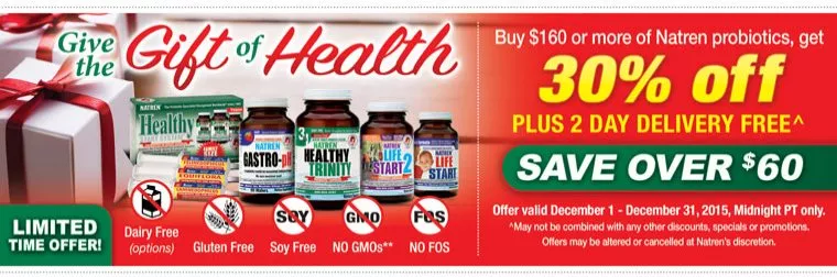 Buy $160 or more of Natren Probiotics, get 30% off plus 2 day delivery FREE
